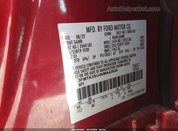 3FMTK3SU4NMA43636 2022 FORD MUSTANG MACH-E PREMI Красный Вид подкапотного пространства