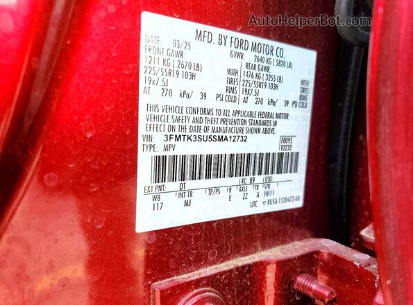3FMTK3SU5SMA12732 2025 FORD MUSTANG MACH-E PREMI Красный Вид наклейки с VIN-кодом