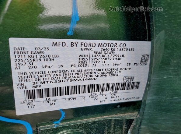 3FMTK3SU7SMA14420 2025 FORD MUSTANG MACH-E PREMI Зеленый Вид наклейки с VIN-кодом