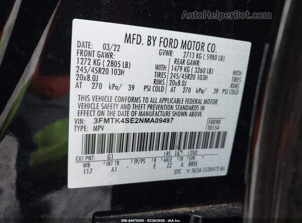 3FMTK4SE2NMA09497 2022 FORD MUSTANG MACH-E Black Widok komory silnika