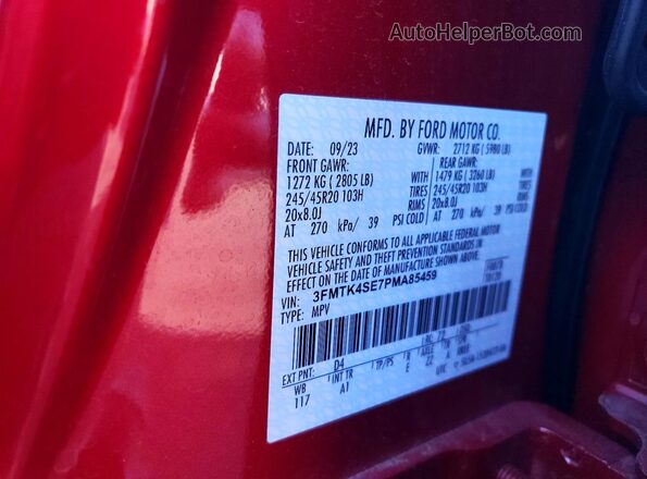 3FMTK4SE7PMA85459 2023 FORD MUSTANG Red VIN კოდის სტიკერის ხედი