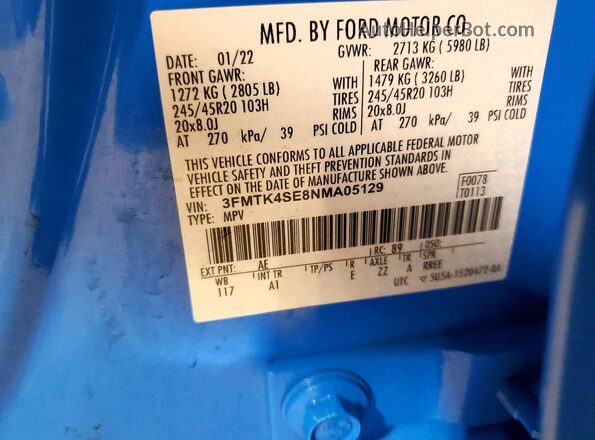 3FMTK4SE8NMA05129 2022 FORD MUSTANG Blue Widok wnętrza 360 stopni