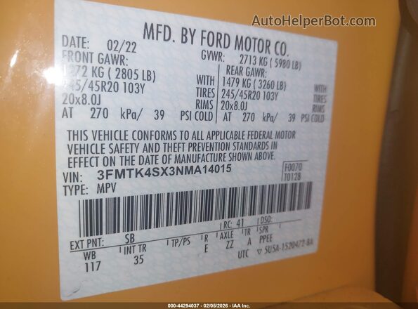 3FMTK4SX3NMA14015 2022 FORD MUSTANG MACH-E Оранжевый Вид подкапотного пространства