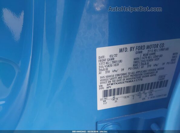 3FMTK4SX7NMA11778 2022 FORD MUSTANG MACH-E Синий Вид подкапотного пространства