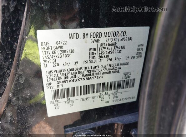 3FMTK4SX7NMA17323 2022 FORD MUSTANG MACH-E Black Vista del compartimento del motor