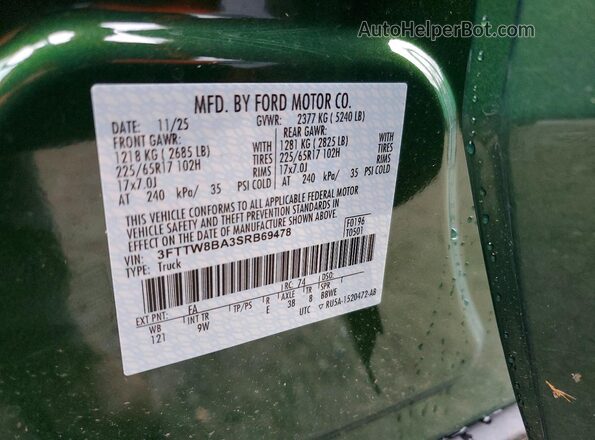 3FTTW8BA3SRB69478 2025 FORD MAVERICK Зеленый Вид наклейки с VIN-кодом