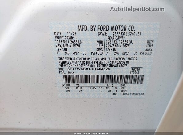 3FTTW8BAXTRA04528 2026 FORD MAVERICK White Vista del compartimento del motor