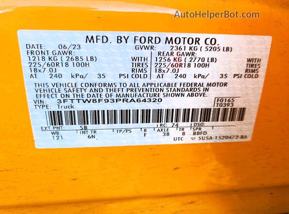 3FTTW8F93PRA64320 2023 FORD MAVERICK Желтый Вид наклейки с VIN-кодом