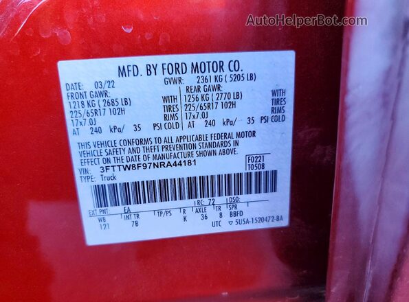 3FTTW8F97NRA44181 2022 FORD MAVERICK Red Widok komory silnika