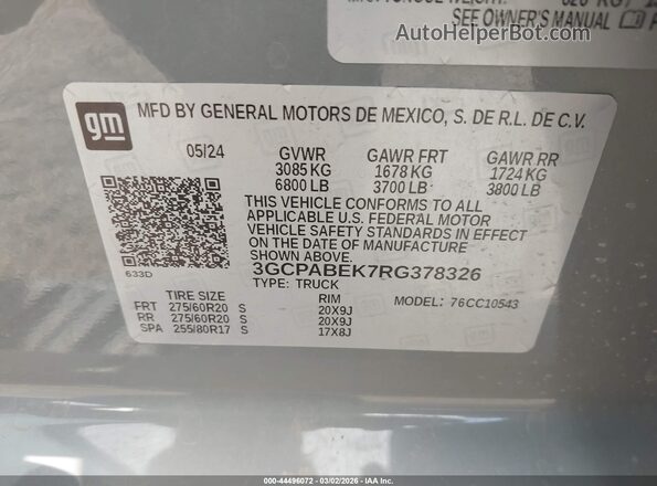 3GCPABEK7RG378326 2024 CHEVROLET SILVERADO Gray Vista del compartimento del motor