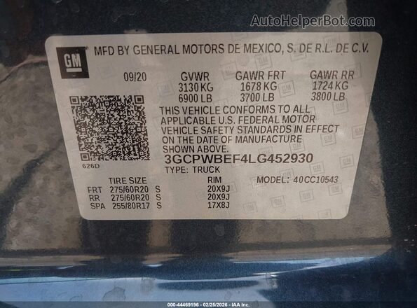 3GCPWBEF4LG452930 2020 CHEVROLET SILVERADO Серый Вид подкапотного пространства