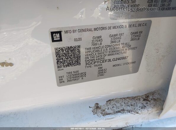 3GCPYCEF3LG240987 2020 CHEVROLET SILVERADO Белый Вид подкапотного пространства