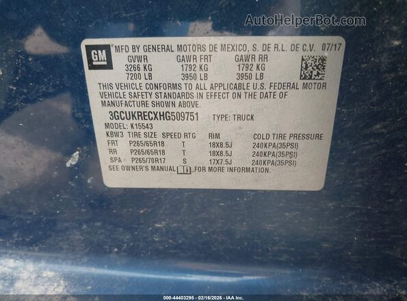 3GCUKRECXHG509751 2017 CHEVROLET SILVERADO Синий Вид подкапотного пространства