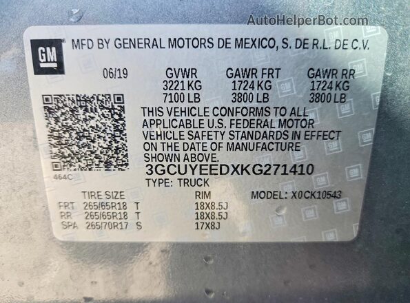 3GCUYEEDXKG271410 2019 CHEVROLET SILVERADO Серый Вид наклейки с VIN-кодом