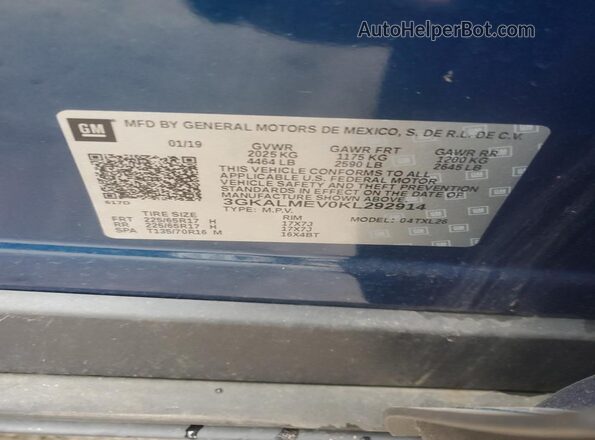 3GKALMEV0KL292914 2019 GMC TERRAIN Синий Вид наклейки с VIN-кодом
