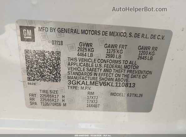 3GKALMEV6KL110813 2019 GMC TERRAIN Белый Вид подкапотного пространства