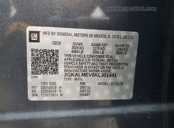3GKALMEV8KL301441 2019 GMC TERRAIN Угольный Вид наклейки с VIN-кодом