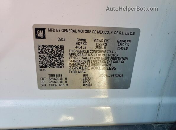3GKALPEV0KL391895 2019 GMC TERRAIN White Vista de la etiqueta del VIN