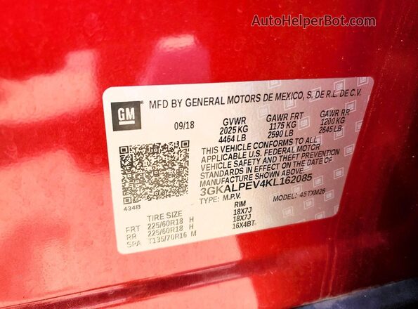 3GKALPEV4KL162085 2019 GMC TERRAIN Красный Вид наклейки с VIN-кодом