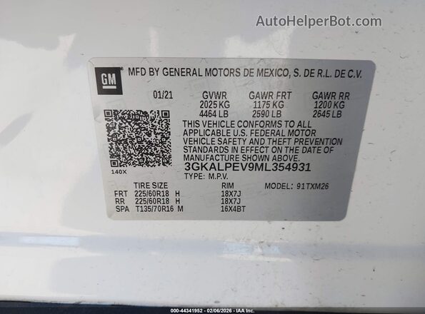 3GKALPEV9ML354931 2021 GMC TERRAIN Белый Вид подкапотного пространства