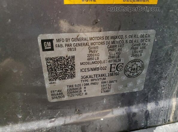 3GKALTEX4KL158760 2019 GMC TERRAIN Gray Vista interior de 360 grados