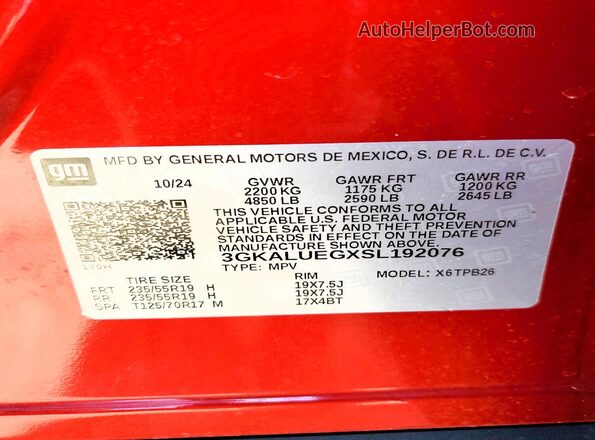 3GKALUEGXSL192076 2025 GMC TERRAIN Красный Вид наклейки с VIN-кодом