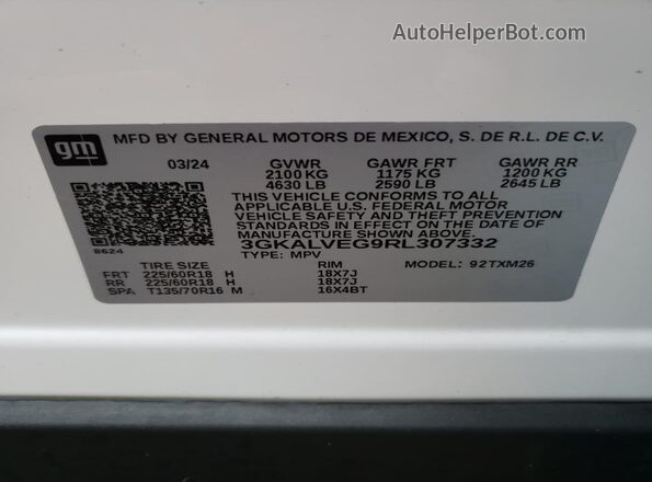 3GKALVEG9RL307332 2024 GMC TERRAIN Белый Вид наклейки с VIN-кодом