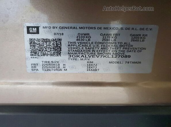 3GKALVEV7KL127089 2019 GMC TERRAIN Tan Vista de la etiqueta del VIN