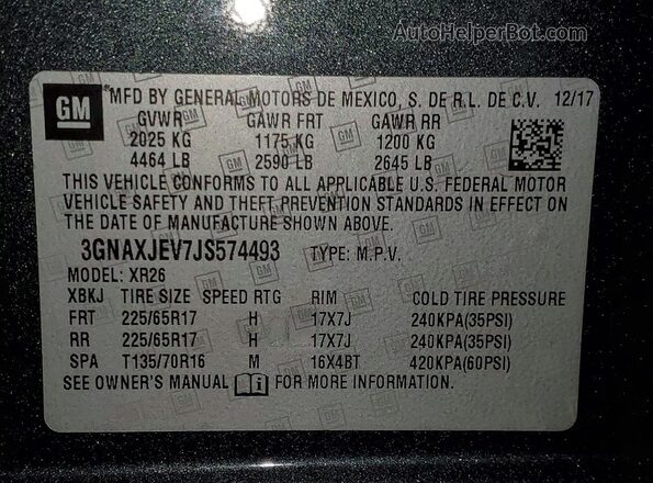 3GNAXJEV7JS574493 2018 CHEVROLET EQUINOX Угольный Вид наклейки с VIN-кодом