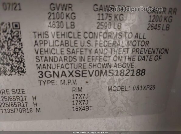 3GNAXSEV0MS182188 2021 CHEVROLET EQUINOX Серебряный Вид подкапотного пространства