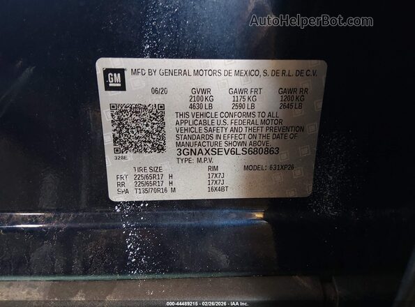 3GNAXSEV6LS680863 2020 CHEVROLET EQUINOX Blue Engine compartment view