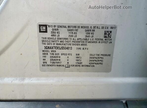 3GNAXTEX5JS504813 2018 CHEVROLET EQUINOX Silver VIN კოდის სტიკერის ხედი