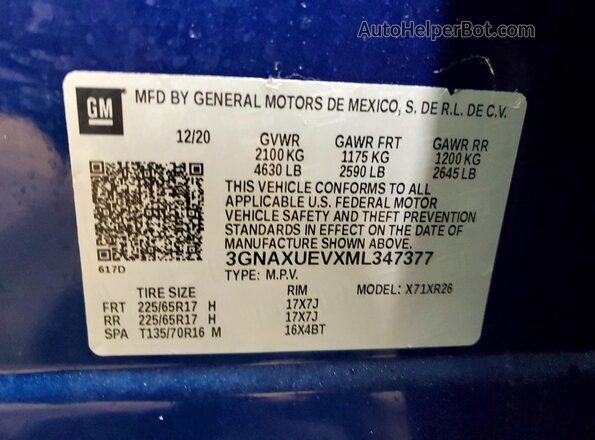 3GNAXUEVXML347377 2021 CHEVROLET EQUINOX Синий Вид наклейки с VIN-кодом