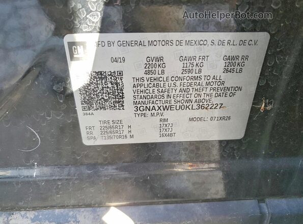 3GNAXWEU0KL362227 2019 CHEVROLET EQUINOX Charcoal Widok naklejki z numerem VIN