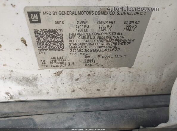 3GNCJKSB9JL411672 2018 CHEVROLET TRAX Белый Вид подкапотного пространства