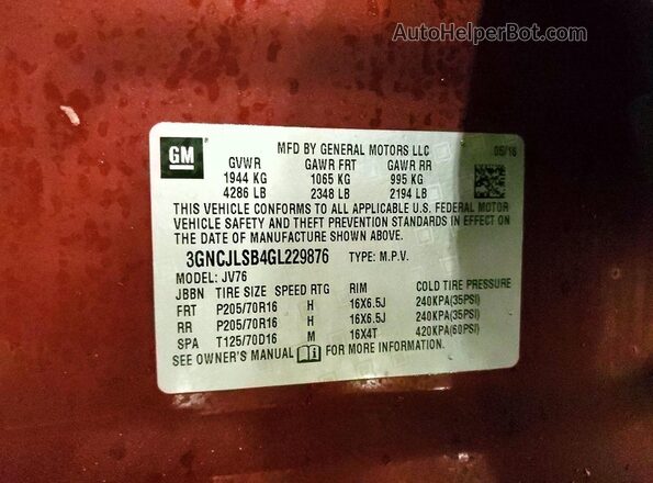 3GNCJLSB4GL229876 2016 CHEVROLET TRAX Бордовый Вид наклейки с VIN-кодом