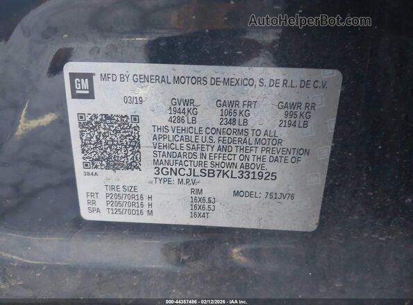 3GNCJLSB7KL331925 2019 CHEVROLET TRAX Черный Вид подкапотного пространства