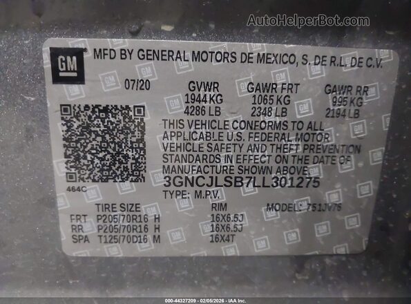 3GNCJLSB7LL301275 2020 CHEVROLET TRAX Серый Вид подкапотного пространства