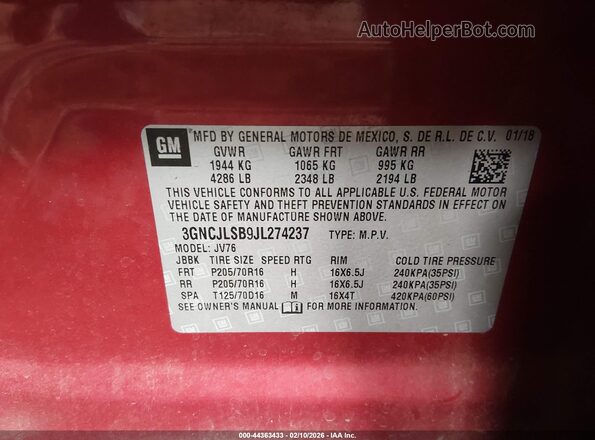 3GNCJLSB9JL274237 2018 CHEVROLET TRAX Красный Вид подкапотного пространства