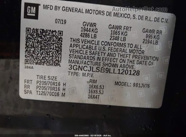 3GNCJLSB9LL120128 2020 CHEVROLET TRAX Black Widok komory silnika