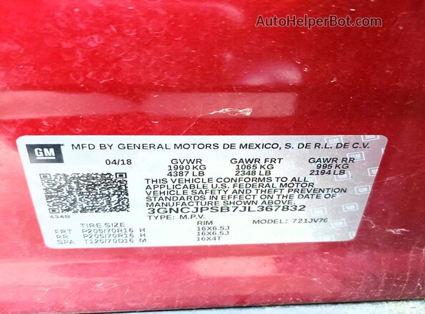 3GNCJPSB7JL367832 2018 CHEVROLET TRAX Красный Панорамный вид салона 360°