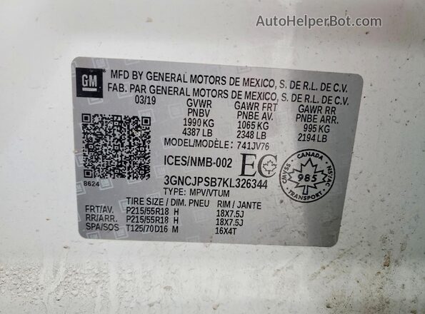 3GNCJPSB7KL326344 2019 CHEVROLET TRAX Белый Вид наклейки с VIN-кодом