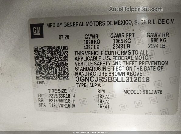 3GNCJRSB5LL312018 2020 CHEVROLET TRAX Серебряный Вид подкапотного пространства