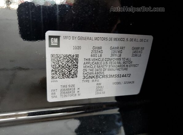 3GNKBCRS3MS514472 2021 CHEVROLET BLAZER Black Widok naklejki z numerem VIN