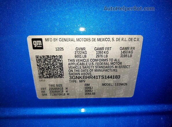 3GNKBHR41TS144183 2026 CHEVROLET BLAZER Синий Вид наклейки с VIN-кодом