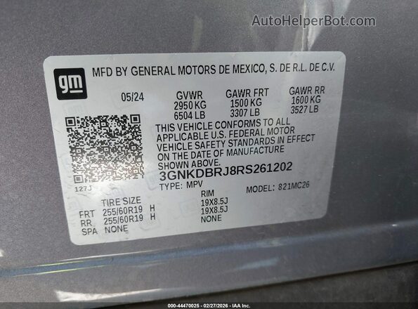 3GNKDBRJ8RS261202 2024 CHEVROLET OTHER Серый Вид подкапотного пространства
