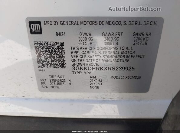 3GNKDHRKXRS239925 2024 CHEVROLET OTHER Белый Вид подкапотного пространства