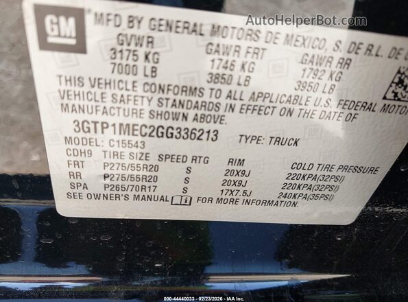 3GTP1MEC2GG336213 2016 GMC SIERRA Black VIN კოდის სტიკერის ხედი