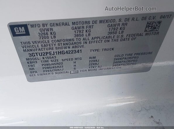 3GTU2PEJ1HG422341 2017 GMC SIERRA White Вид підкапотного простору