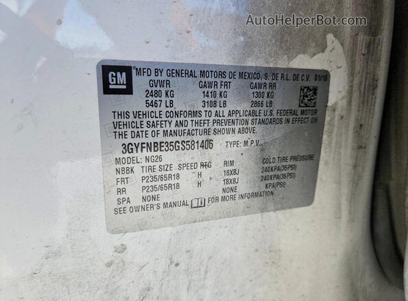 3GYFNBE35GS581406 2016 CADILLAC SRX Белый Вид наклейки с VIN-кодом